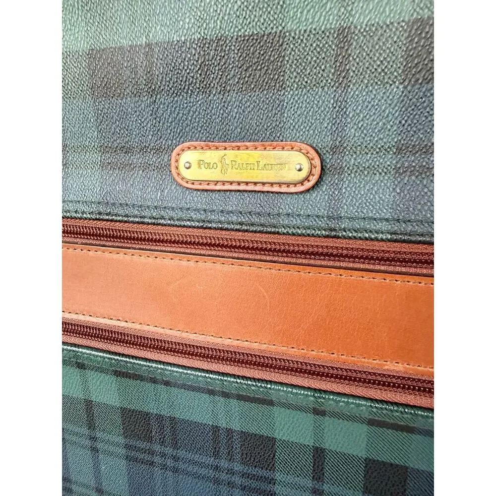 Polo Ralph Lauren Blackwatch Plaid Carry On Luggage Suitcase Leather Navy Green